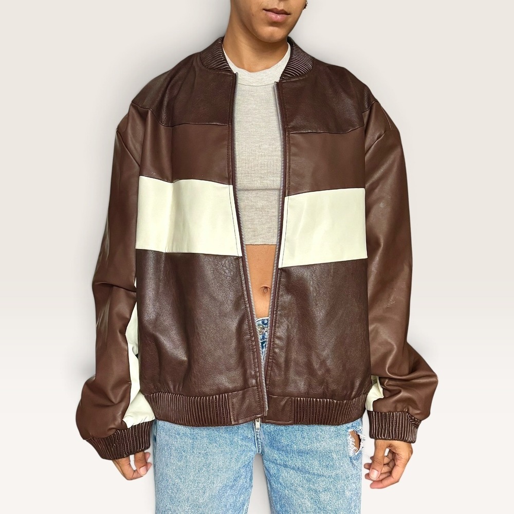 ASOS DESIGN Mens Faux Leather Bomber Jacket Brown Cream Colorblock Zip Up